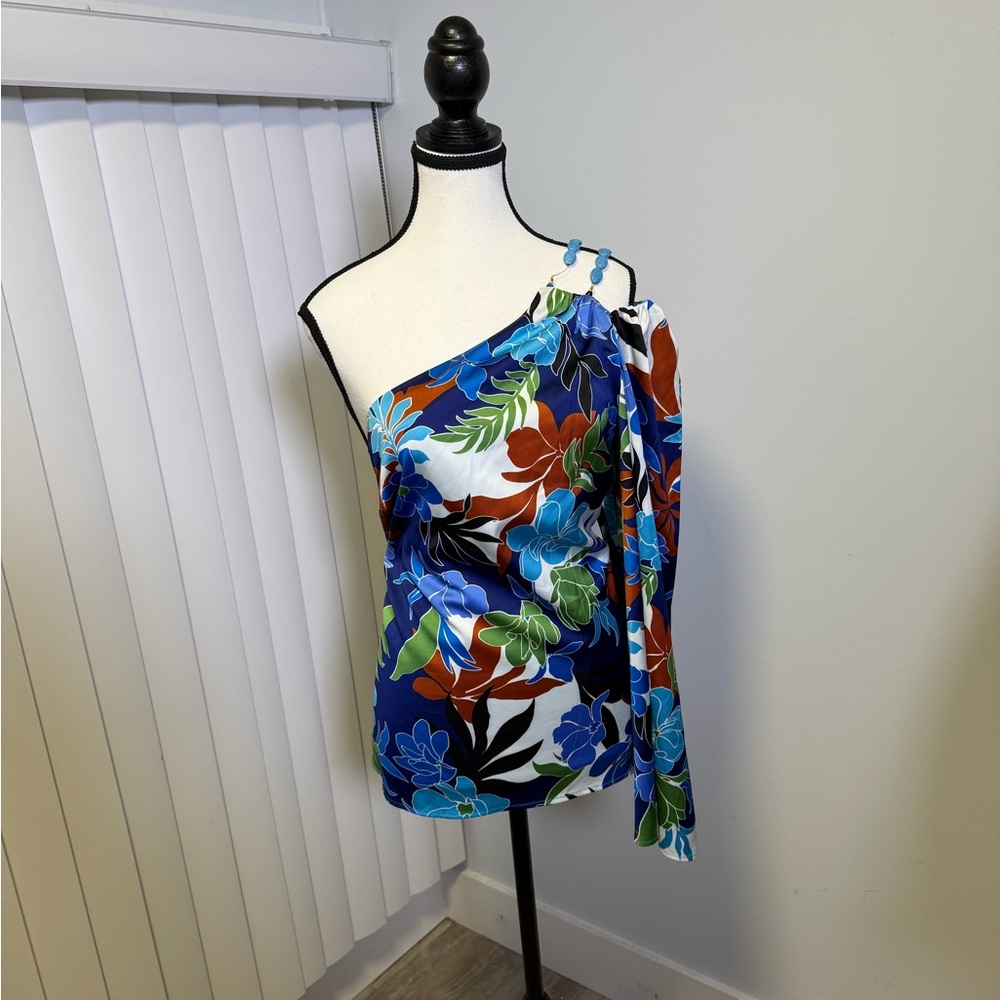 Floral One-Shoulder Top - Blue, Red, Green
